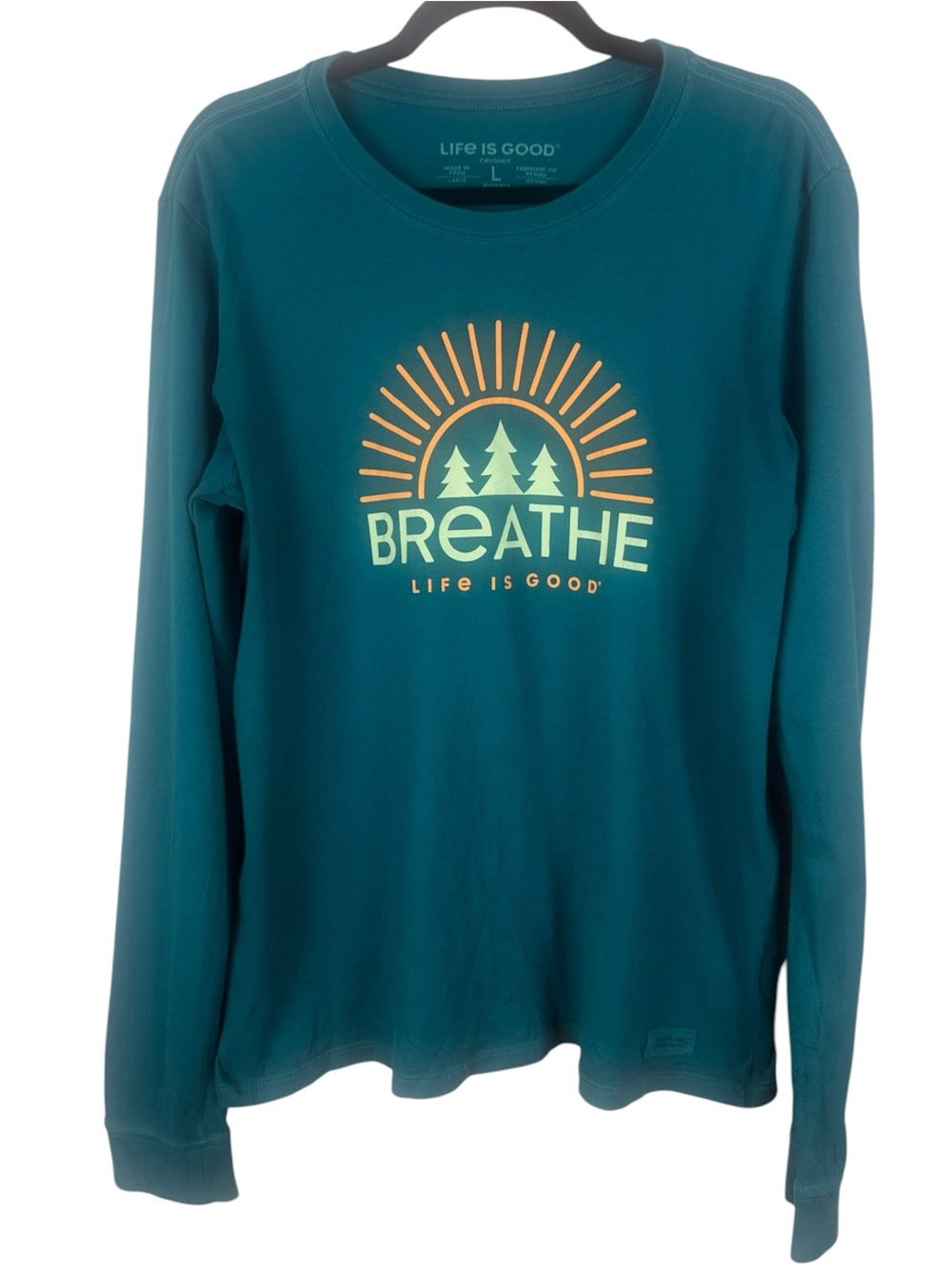 Life is Good "Breathe" Cotton Crusher Tee - Long Sleeve - Teal - Size Large